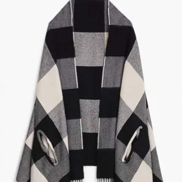 J.Crew plaid cape scarf. Color: Black, Grey, White. 80"H x 27.5"W. Wool/acrylic - Picture 1 of 8